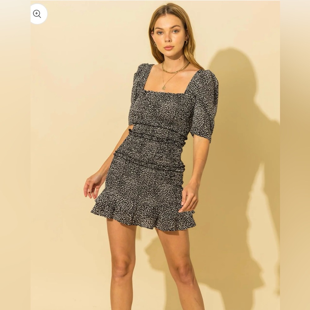 Floranz Black Smocked Ruffle Chiffon Mini Dress